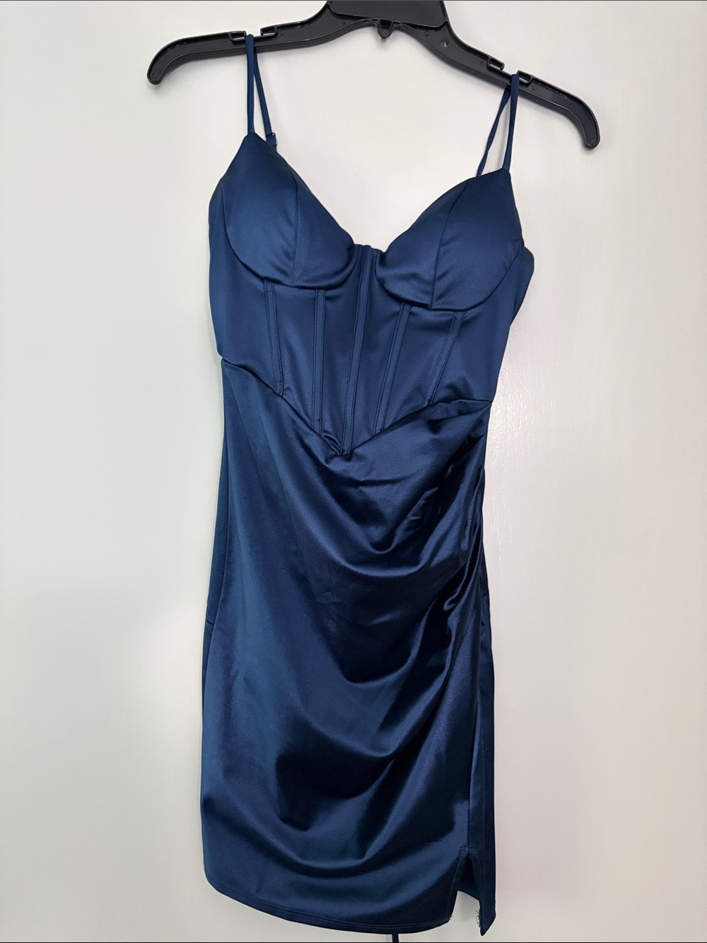 Francesca's Collections Navy Satin Bustier Slip Dress with Spaghetti Straps